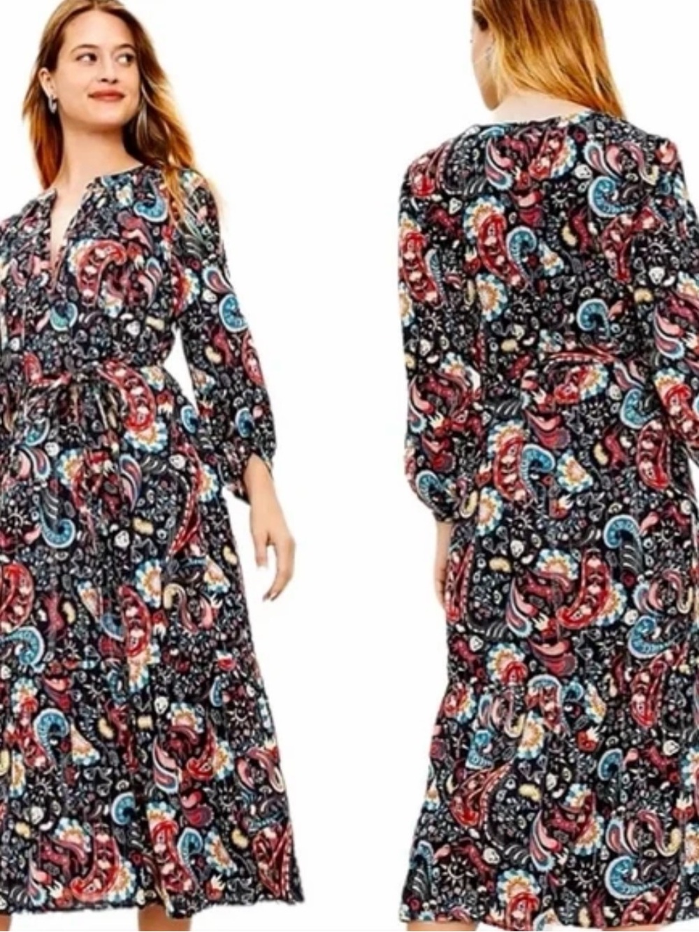 LOFT Shimmer Paisley Midi Dress - Floral Print Long Sleeve Cotton